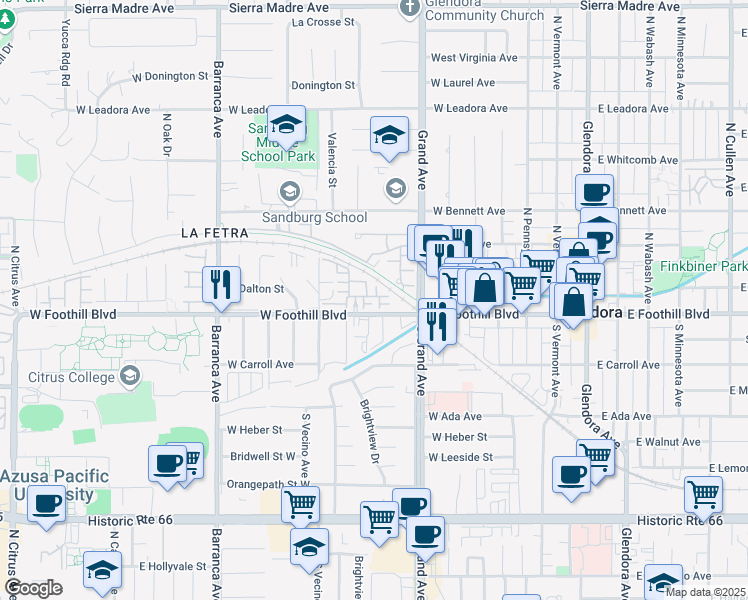 map of restaurants, bars, coffee shops, grocery stores, and more near 541 West Foothill Boulevard in Glendora