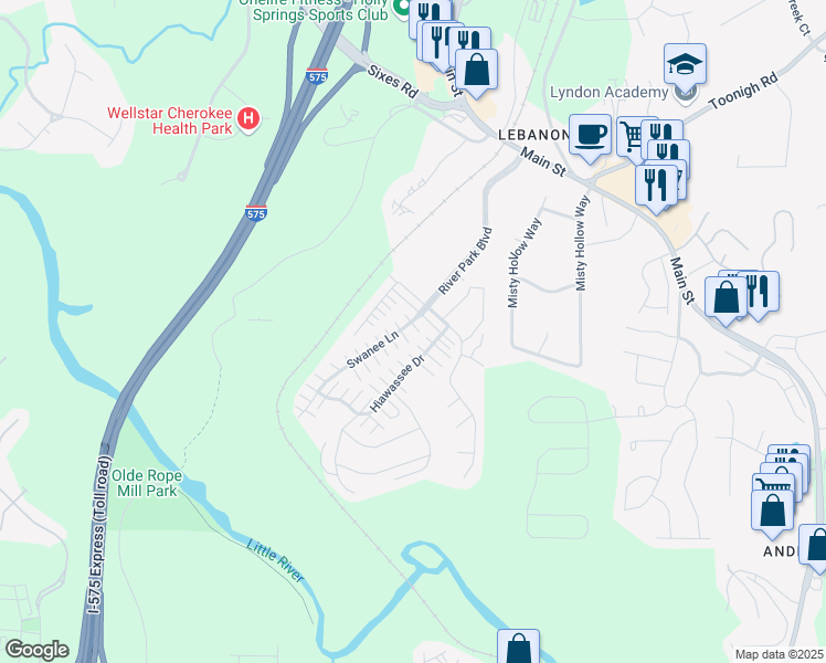 map of restaurants, bars, coffee shops, grocery stores, and more near 109 Swanee Lane in Woodstock
