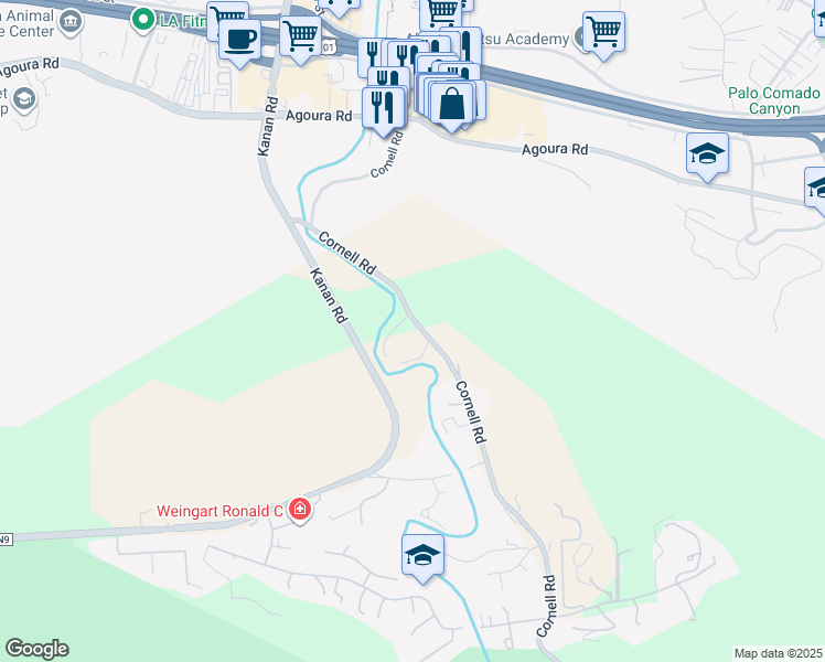 map of restaurants, bars, coffee shops, grocery stores, and more near 4351 Cornell Road in Agoura Hills
