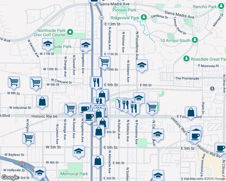 map of restaurants, bars, coffee shops, grocery stores, and more near 824 North Alameda Avenue in Azusa