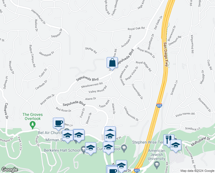 map of restaurants, bars, coffee shops, grocery stores, and more near 15936 Valley Wood Road in Los Angeles
