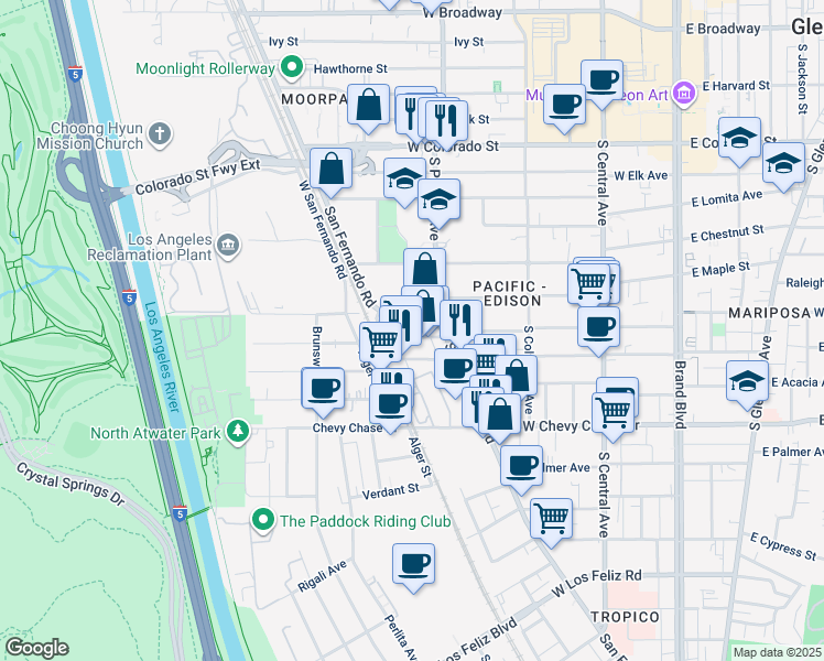 map of restaurants, bars, coffee shops, grocery stores, and more near 4667 San Fernando Road in Glendale