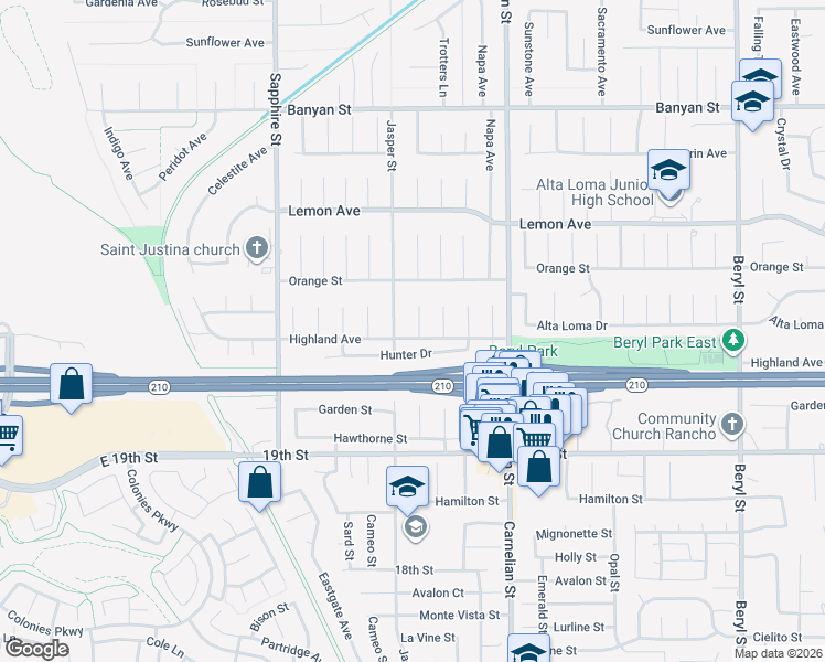 map of restaurants, bars, coffee shops, grocery stores, and more near 6463 Hollyoak Drive in Rancho Cucamonga