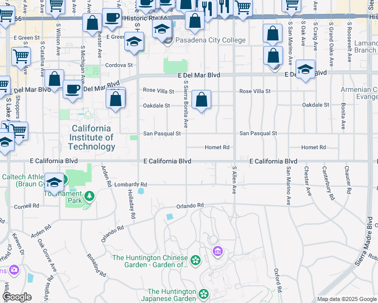 map of restaurants, bars, coffee shops, grocery stores, and more near 1620 Homet Road in Pasadena