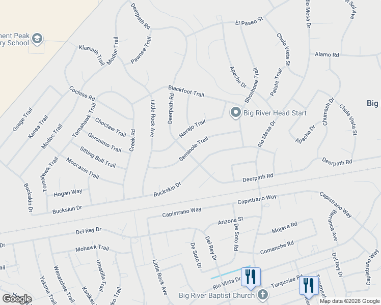 map of restaurants, bars, coffee shops, grocery stores, and more near 150061 Seminole Trail in Big River