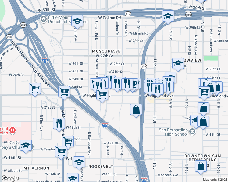 map of restaurants, bars, coffee shops, grocery stores, and more near 1037 West 23rd Street in San Bernardino