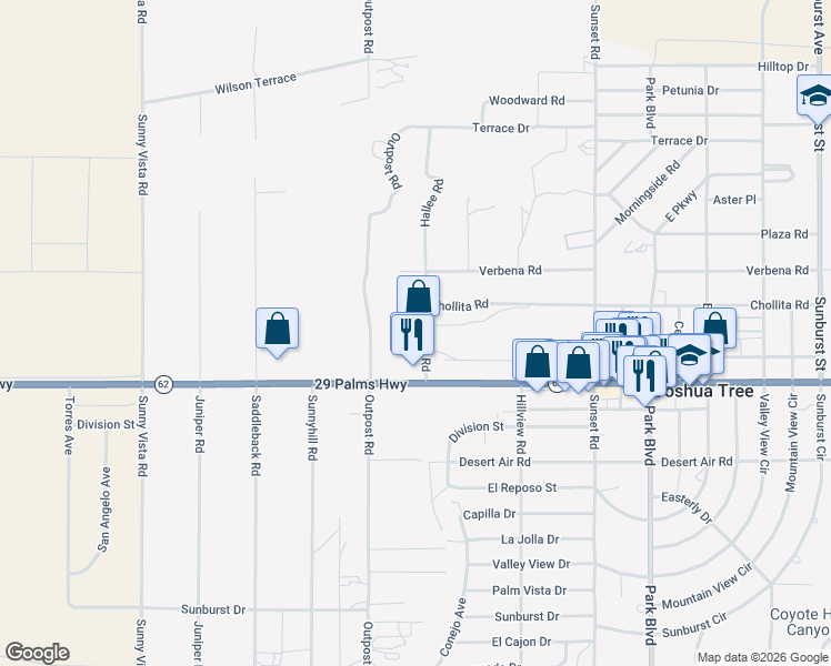 map of restaurants, bars, coffee shops, grocery stores, and more near 6416 Hallee Road in Joshua Tree