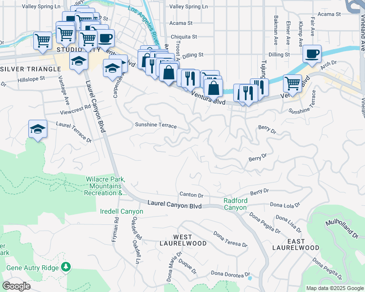 map of restaurants, bars, coffee shops, grocery stores, and more near 11630 Amanda Drive in Los Angeles