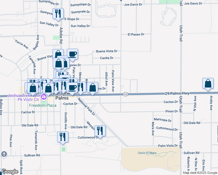 map of restaurants, bars, coffee shops, grocery stores, and more near 6453 Athol Avenue in Twentynine Palms