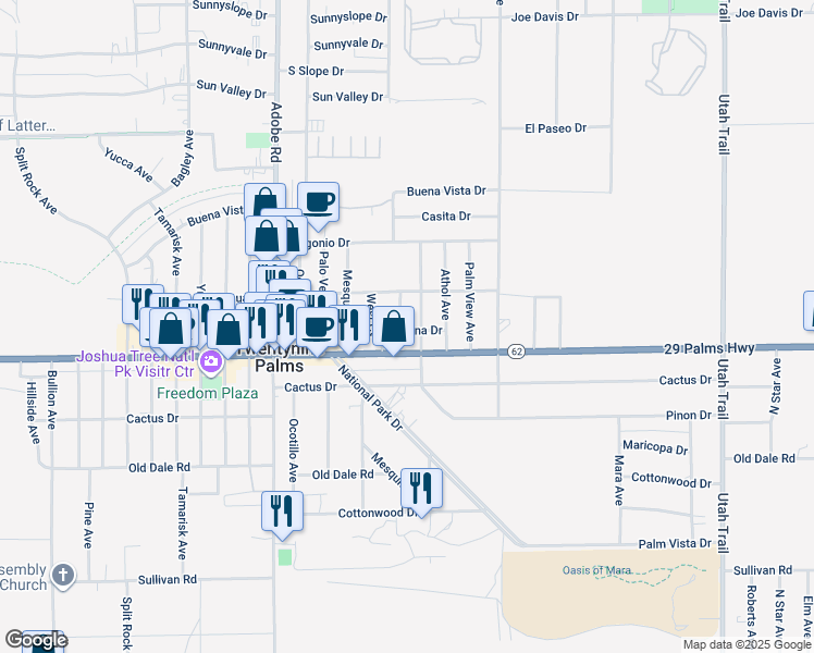 map of restaurants, bars, coffee shops, grocery stores, and more near 6421 East Court in Twentynine Palms