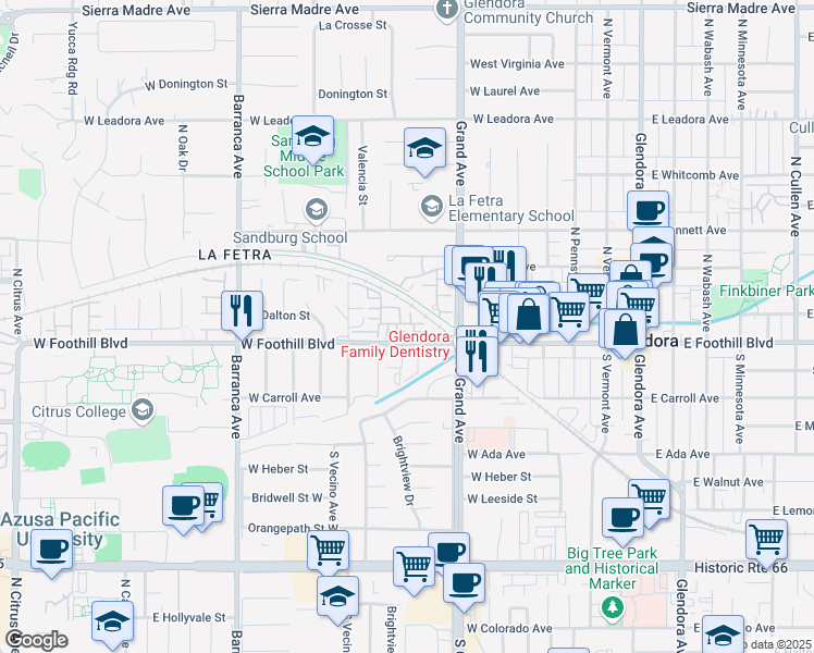 map of restaurants, bars, coffee shops, grocery stores, and more near 541 West Foothill Boulevard in Glendora