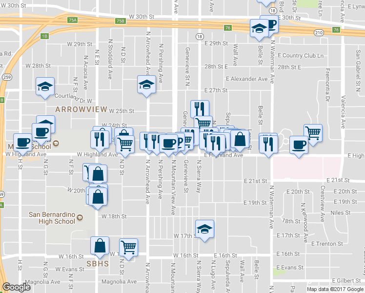 map of restaurants, bars, coffee shops, grocery stores, and more near 2268 Genevieve Street North in San Bernardino