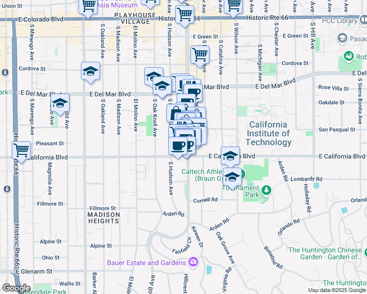 map of restaurants, bars, coffee shops, grocery stores, and more near 517 South Lake Avenue in Pasadena