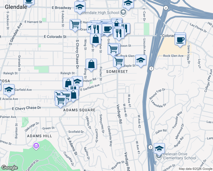 map of restaurants, bars, coffee shops, grocery stores, and more near 1364 East Garfield Avenue in Glendale