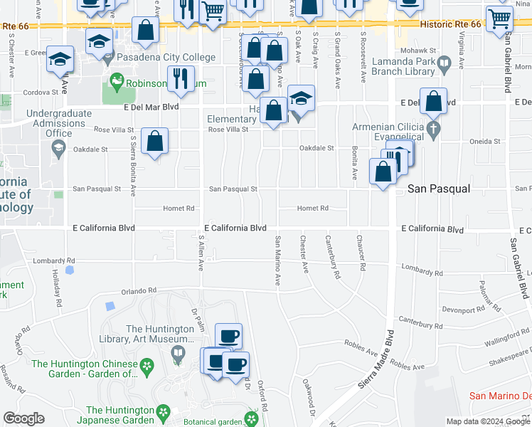 map of restaurants, bars, coffee shops, grocery stores, and more near 564 South Berkeley Avenue in San Marino