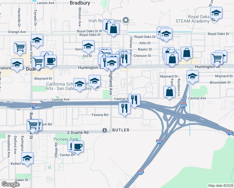 map of restaurants, bars, coffee shops, grocery stores, and more near 1404 Highland Avenue in Duarte