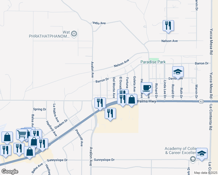 map of restaurants, bars, coffee shops, grocery stores, and more near 6413 Camarilla Avenue in Yucca Valley