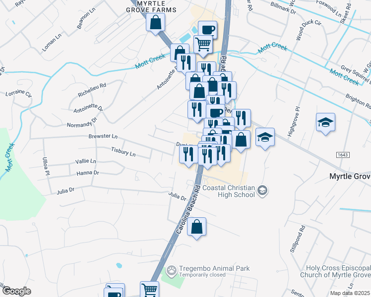 map of restaurants, bars, coffee shops, grocery stores, and more near 5610 Carolina Beach Road in Wilmington