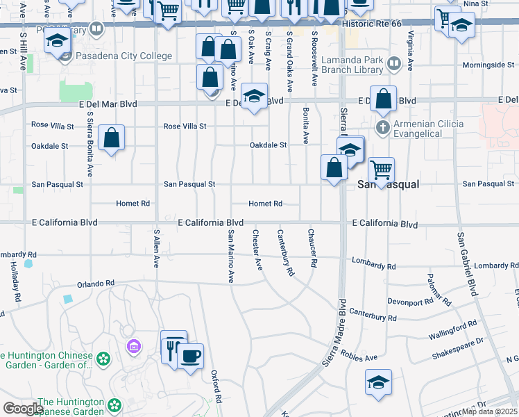 map of restaurants, bars, coffee shops, grocery stores, and more near 2180 Homet Road in San Marino