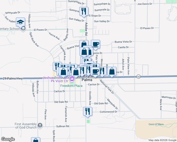 map of restaurants, bars, coffee shops, grocery stores, and more near 6453 Adobe Road in Twentynine Palms