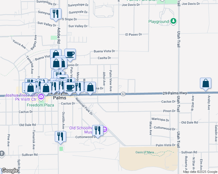 map of restaurants, bars, coffee shops, grocery stores, and more near 6433 Athol Avenue in Twentynine Palms