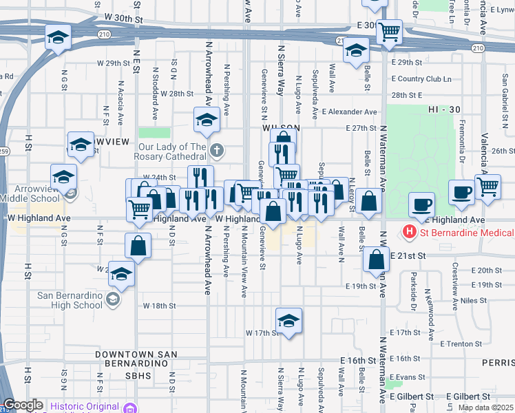 map of restaurants, bars, coffee shops, grocery stores, and more near 2286 Genevieve Street in San Bernardino