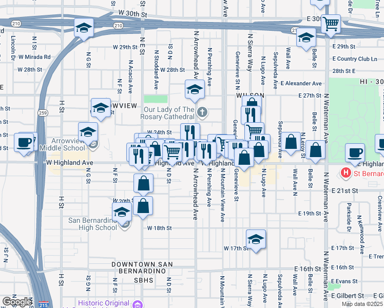 map of restaurants, bars, coffee shops, grocery stores, and more near 2305 North Arrowhead Avenue in San Bernardino