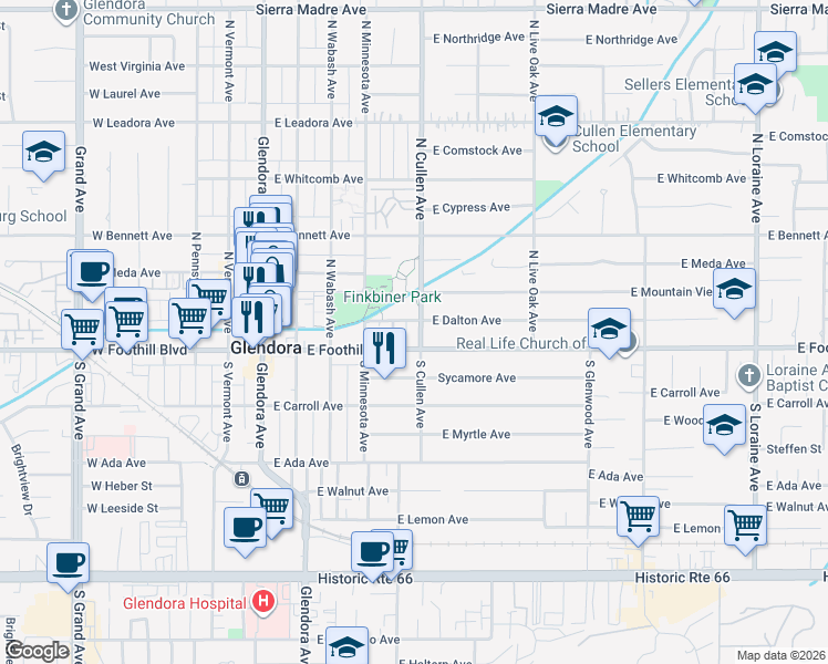 map of restaurants, bars, coffee shops, grocery stores, and more near 119 North Cullen Avenue in Glendora