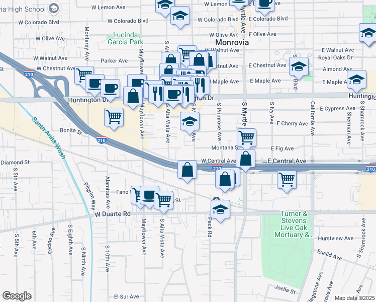 map of restaurants, bars, coffee shops, grocery stores, and more near 1328 South Magnolia Avenue in Monrovia