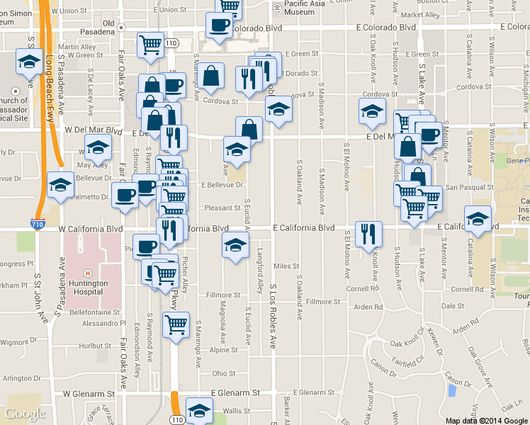 map of restaurants, bars, coffee shops, grocery stores, and more near 515 South Los Robles Avenue in Pasadena