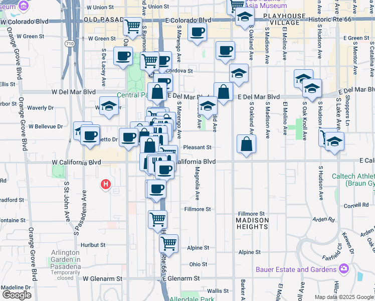 map of restaurants, bars, coffee shops, grocery stores, and more near 285 Pleasant Street in Pasadena