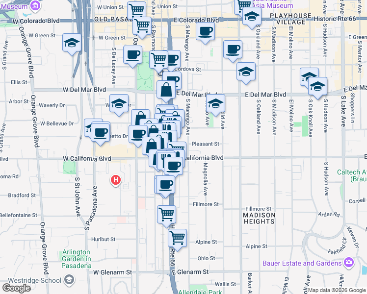 map of restaurants, bars, coffee shops, grocery stores, and more near 509 South Marengo Avenue in Pasadena