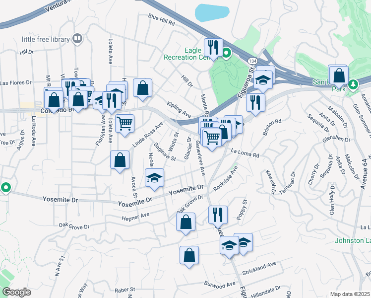 map of restaurants, bars, coffee shops, grocery stores, and more near 4963 Genevieve Avenue in Los Angeles