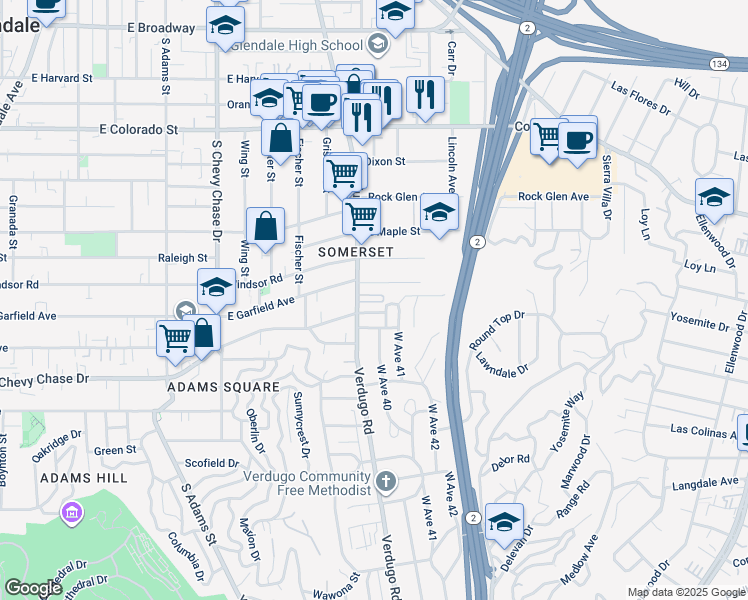 map of restaurants, bars, coffee shops, grocery stores, and more near 1412 East Garfield Avenue in Glendale