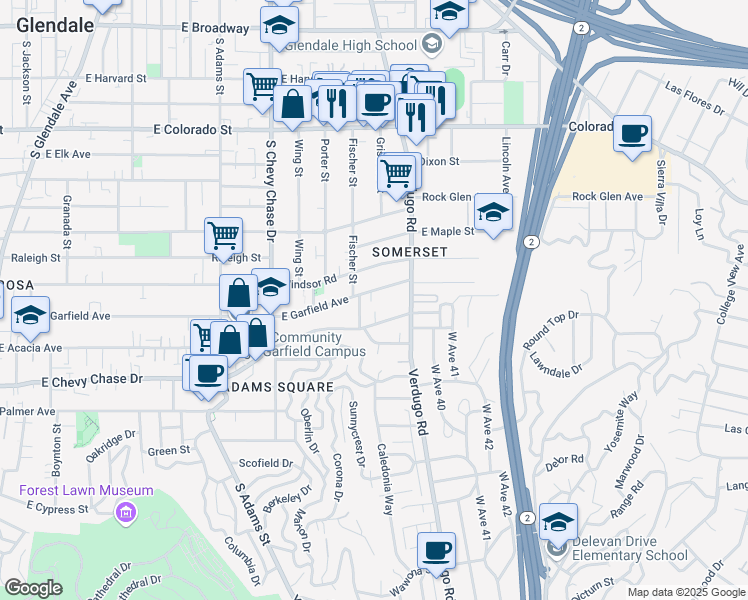 map of restaurants, bars, coffee shops, grocery stores, and more near 1384 East Garfield Avenue in Glendale