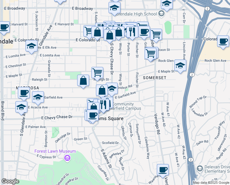 map of restaurants, bars, coffee shops, grocery stores, and more near 1200 East Windsor Road in Glendale