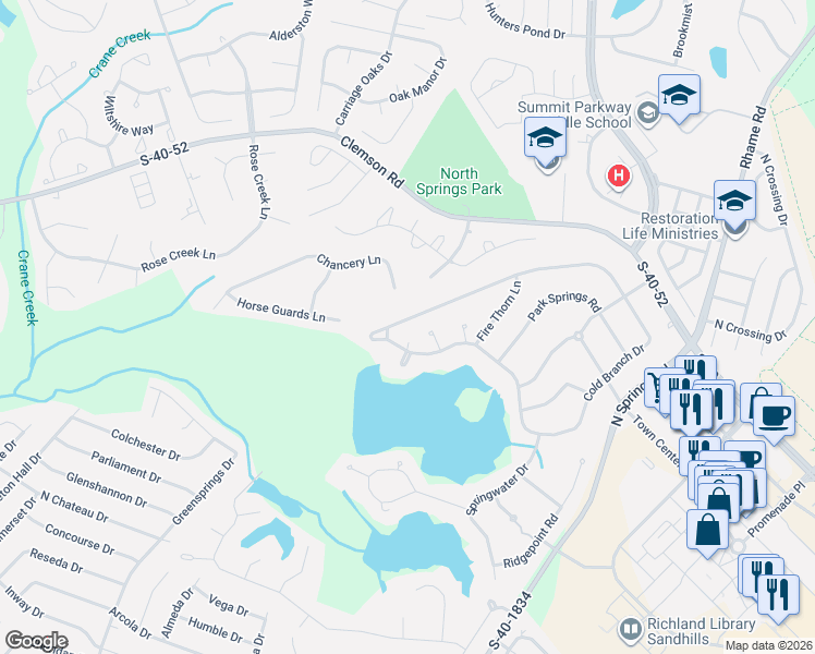 map of restaurants, bars, coffee shops, grocery stores, and more near 620 Cold Branch Drive in Columbia
