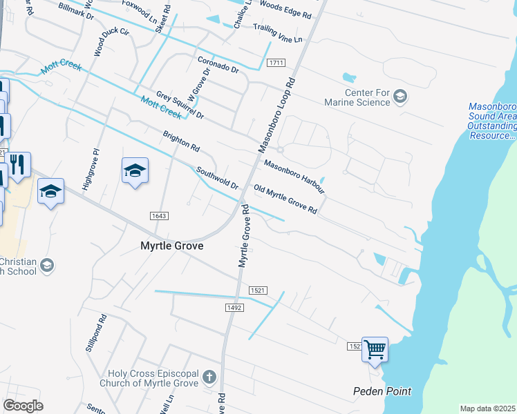 map of restaurants, bars, coffee shops, grocery stores, and more near 5103 Marina Club Drive in Wilmington