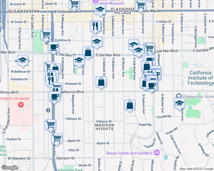 map of restaurants, bars, coffee shops, grocery stores, and more near 538 South Oakland Avenue in Pasadena