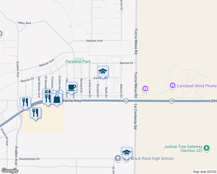 map of restaurants, bars, coffee shops, grocery stores, and more near 6459 Ruth Drive in Yucca Valley