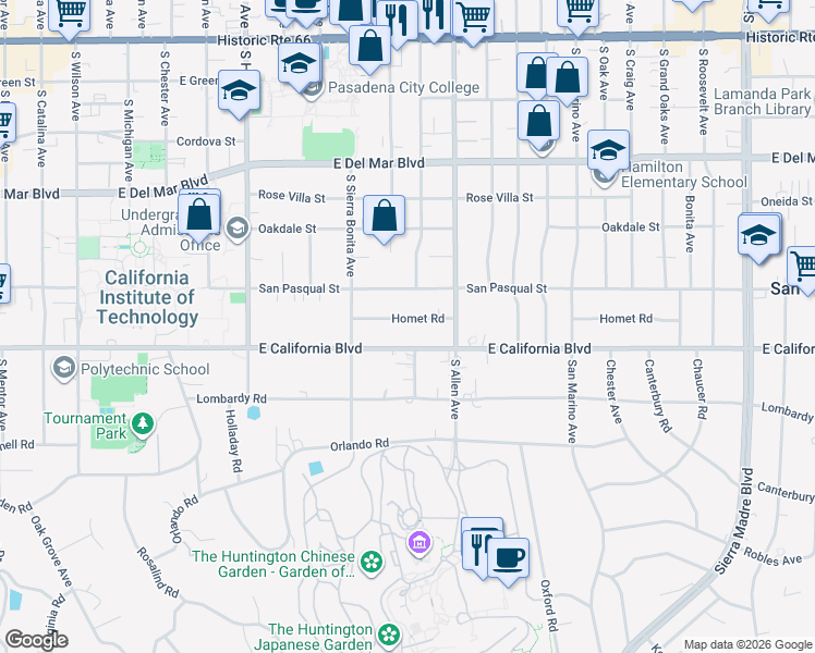 map of restaurants, bars, coffee shops, grocery stores, and more near 1720 Homet Road in Pasadena