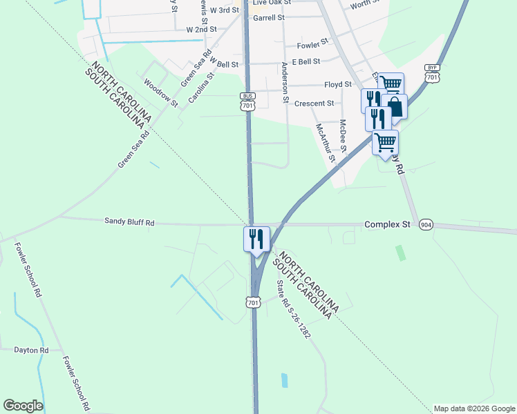 map of restaurants, bars, coffee shops, grocery stores, and more near 911 Hickman Road in Tabor City