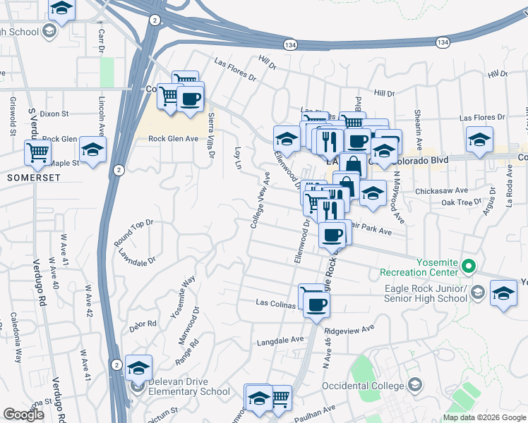 map of restaurants, bars, coffee shops, grocery stores, and more near 2366 Fair Park Avenue in Los Angeles