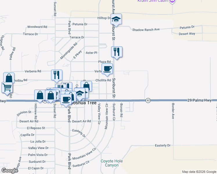 map of restaurants, bars, coffee shops, grocery stores, and more near 6394 Mountain View Street in Joshua Tree