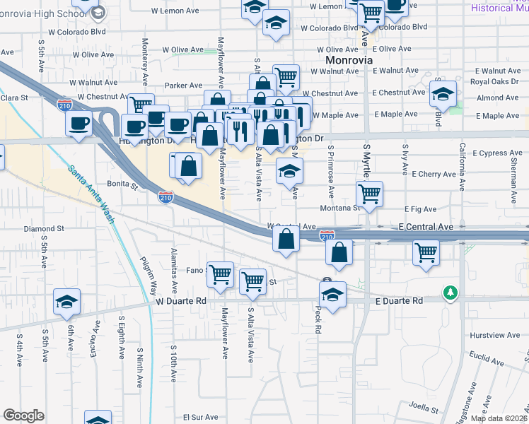 map of restaurants, bars, coffee shops, grocery stores, and more near 1404 South Alta Vista Avenue in Arcadia