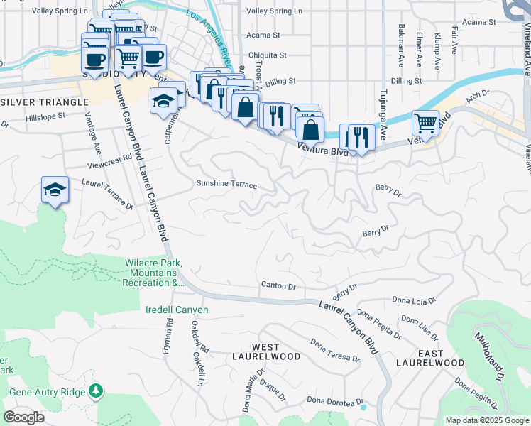 map of restaurants, bars, coffee shops, grocery stores, and more near 11630 Amanda Drive in Los Angeles