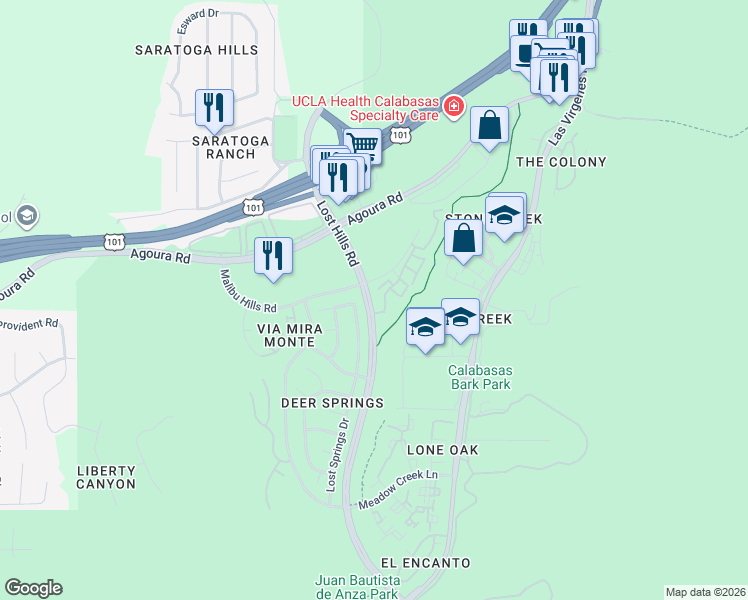 map of restaurants, bars, coffee shops, grocery stores, and more near 4240 Lost Hills Road in Calabasas
