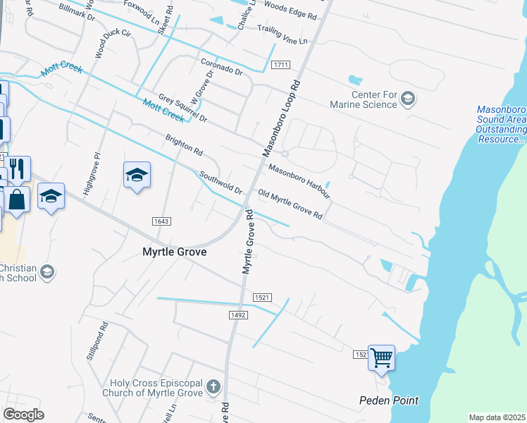 map of restaurants, bars, coffee shops, grocery stores, and more near 5103 Marina Club Drive in Wilmington