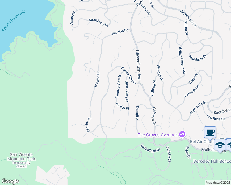 map of restaurants, bars, coffee shops, grocery stores, and more near 3615 Terrace View Drive in Los Angeles