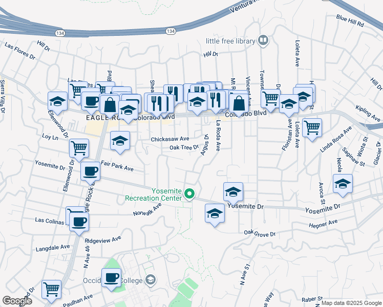 map of restaurants, bars, coffee shops, grocery stores, and more near 1832 Oak Tree Drive in Los Angeles